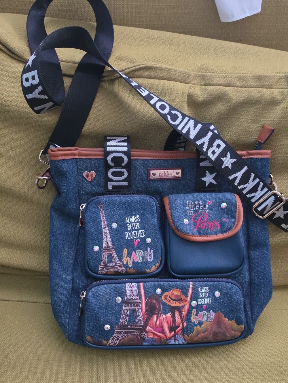Denim Crossbody Bag in Blue with Paris Print